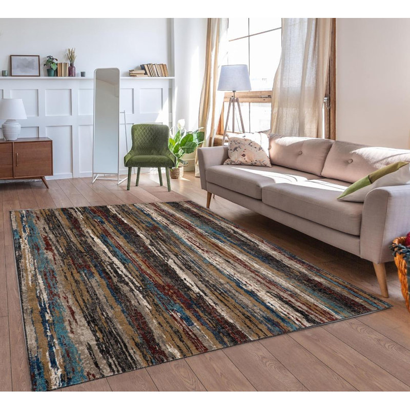 Tapis rayé brun / vert, Rectangle 5 pi x 7 pi
