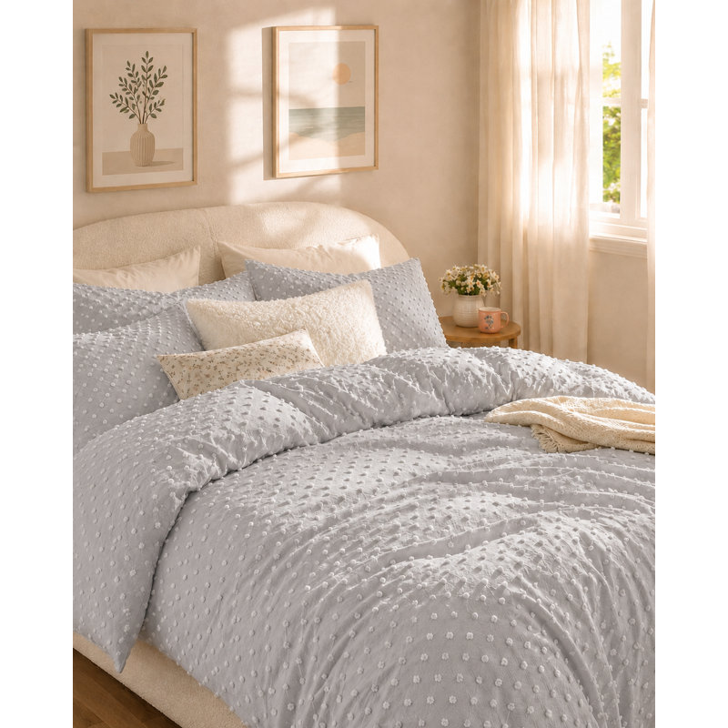 Ensemble de housse de couette brodée à pois Swift Home, Couette grand + 2 taies décoratives standard, Gris clair