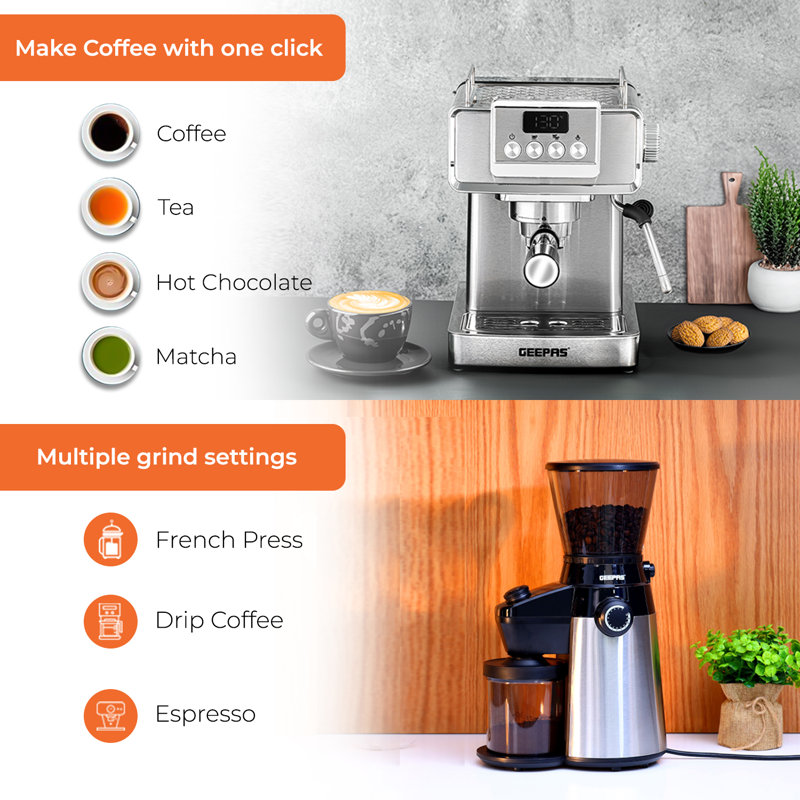 Geepas Espresso Coffee Machine & Conical Burr Coffee Grinder Combo Set - 1465W Coffee Maker With Milk Frother, Coffee Grinder With 15 Precise Settings