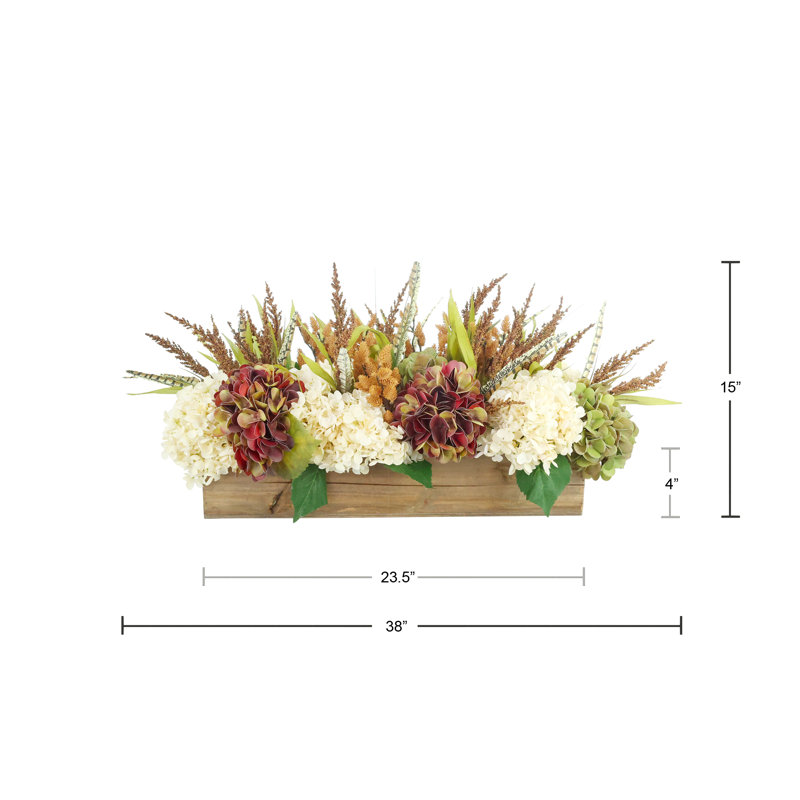 Fall-Themed Floral Arrangement in Wooden Planter