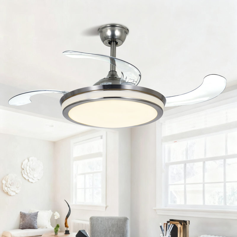 42" Silver Remote-Control Retractable Ceiling Fan with Tri-Color LED Light