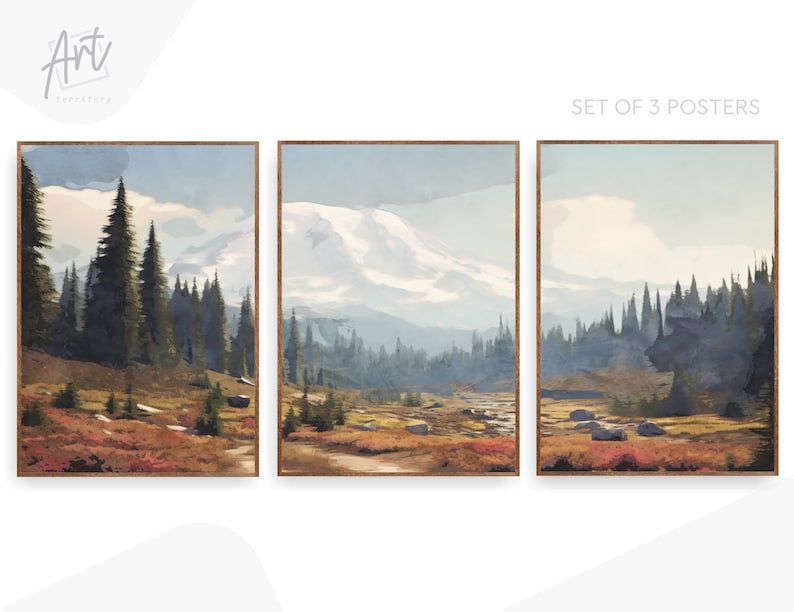 Mount Rainer National Park, Set of 3 Watercolor Prints, Mountains - Wrapped Canvas, 36" H x 72" W x 1.5" D