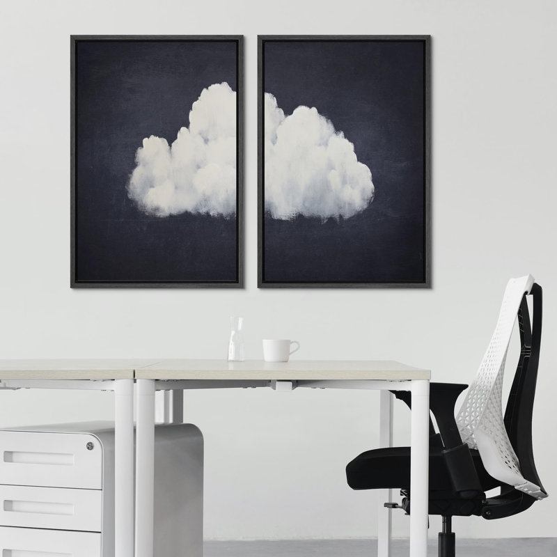 «Celestial Dreams Fluffy White Clouds Against Twilight Sky», art mural moderne, œuvre d'art minimaliste, 2 pièces, Noir