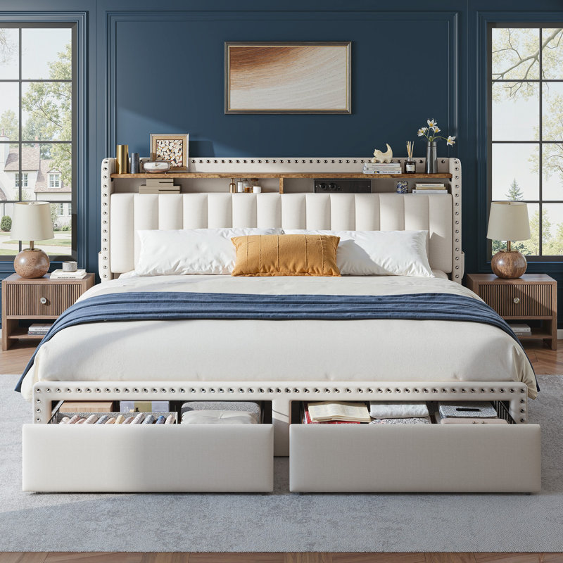 Francille Upholstered Bed Frame with 2 Drawers, 2-Tier Storage Headboard with Side Pockets, Beige, King