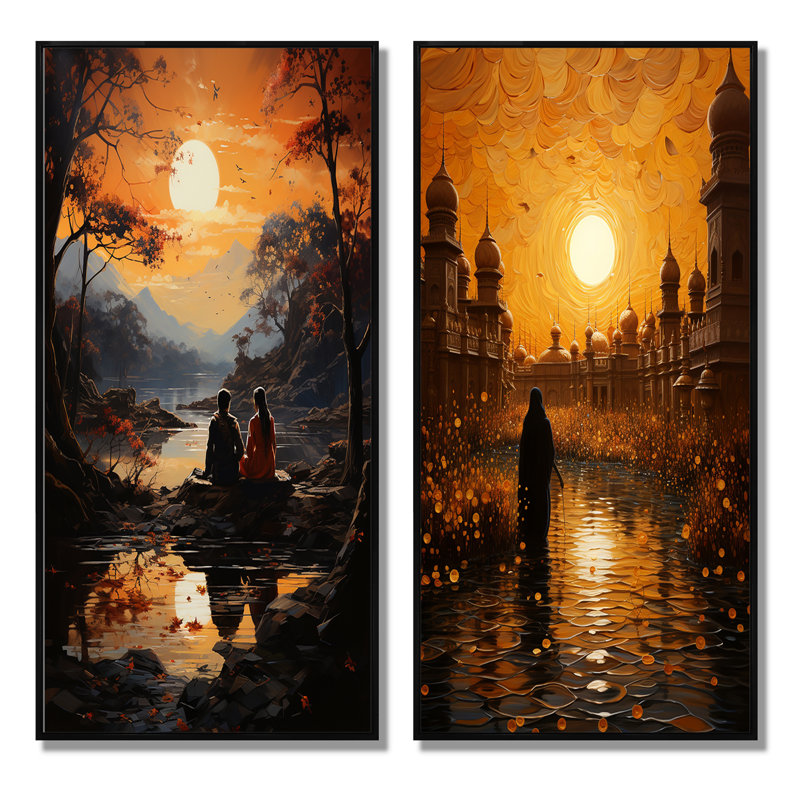 «Golden Temple» de Hinduisim Golden Temple - 2 pièces, Cadre noir, H 32 po x l 32 po