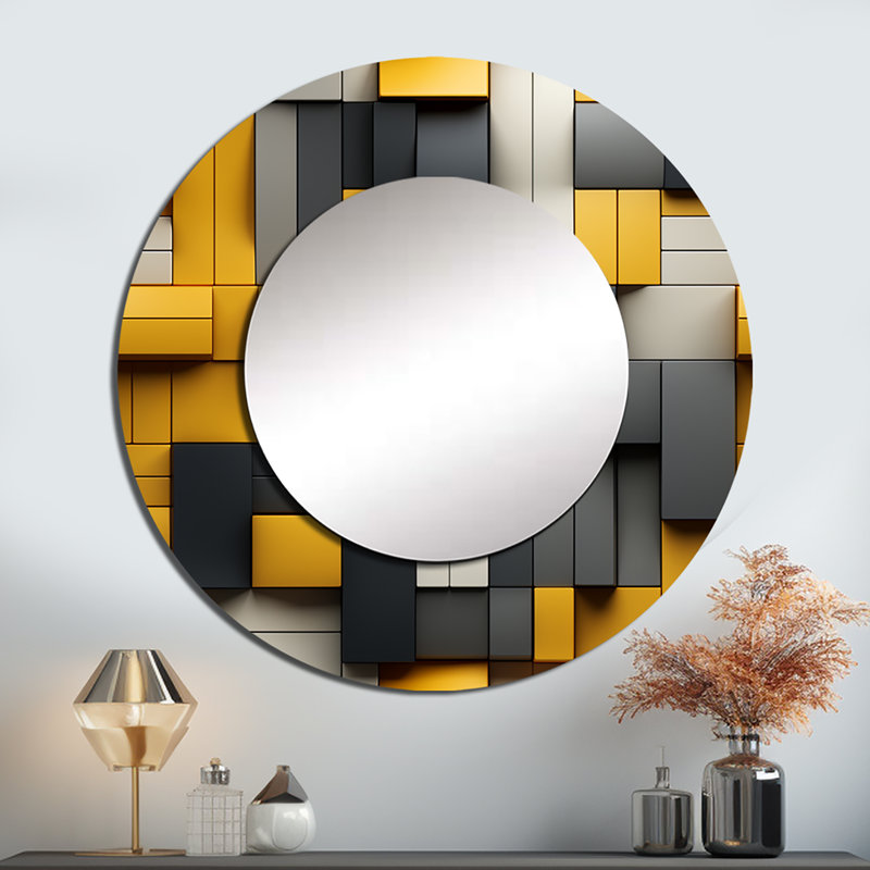 Harmonie de blocs géométriques jaunes et gris - grand miroir géométrique, miroir mural rond jaune, impression sur métal