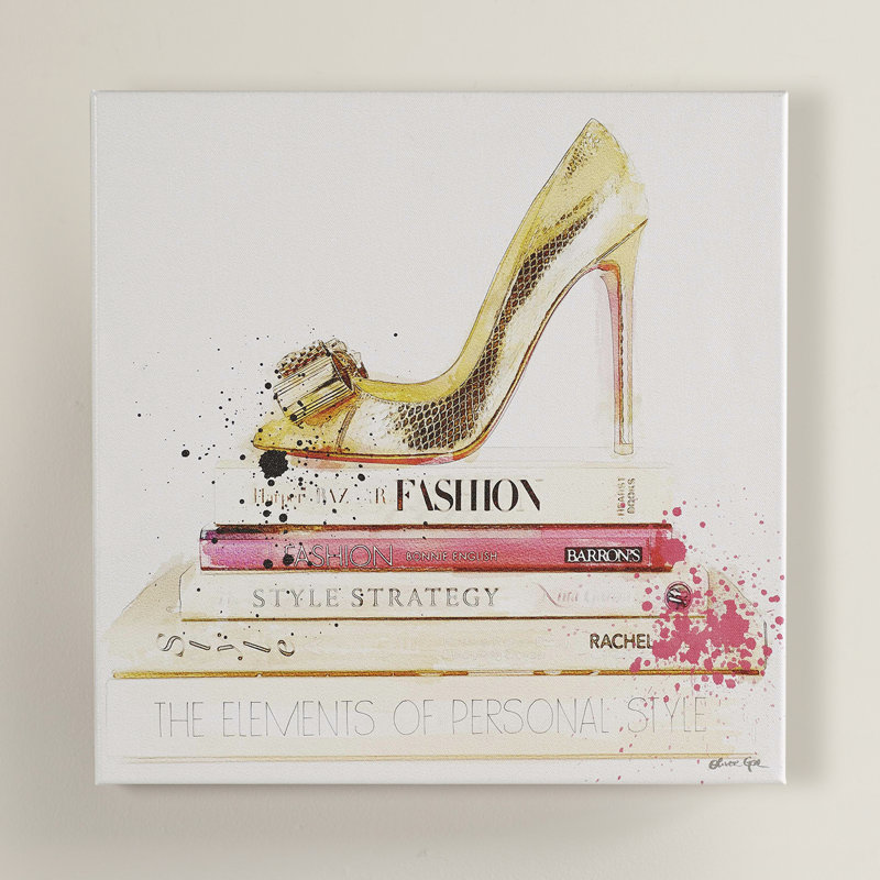 Chaussures mode et glamour dorées et livres de mode - impression, H 43 po x l 43 po, Toile tendue