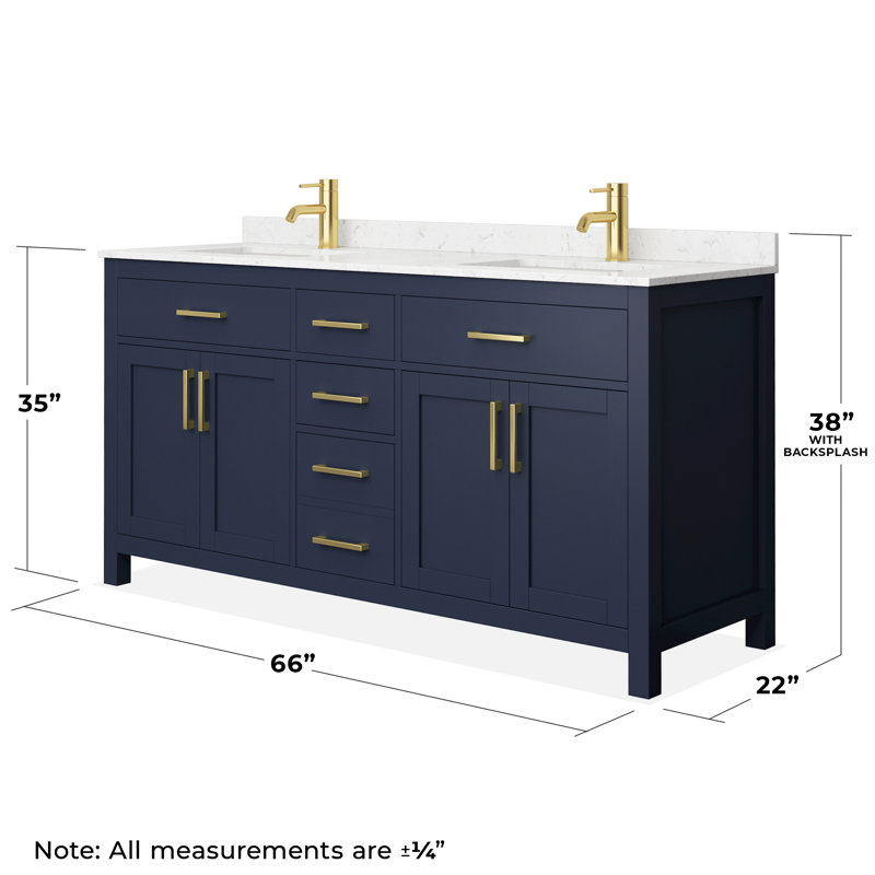 Beckett 66" Freestanding Double Bathroom Vanity with Cultured Marble Top, Dark Blue, Brushed Gold, Carrara Cultured Marble