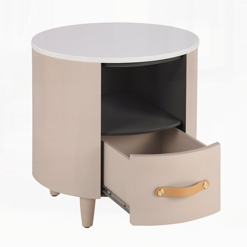 Modern Round Nightstand With Storage Drawer, Khaki