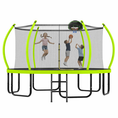 16FT Trampoline with Basketball Hoop for Kids and Adults, Round Outdoor Trampoline with Enclosure Net & Curved Poles & Ladder,Green