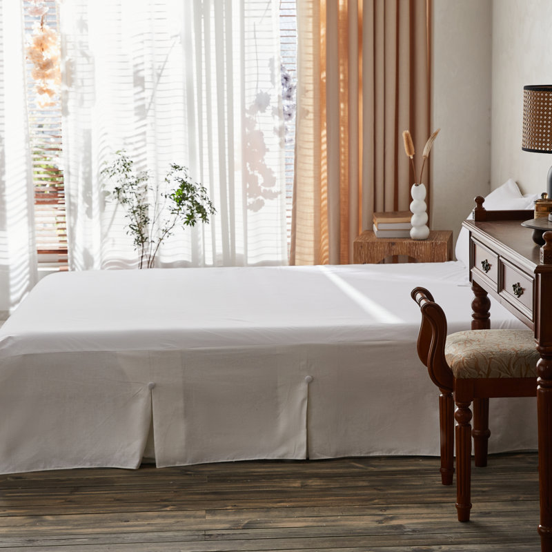 French Linen Bed Skirt Split Corner with Button Drop, King, White, 14