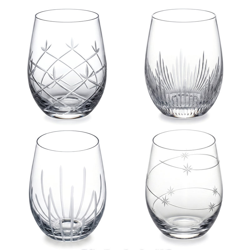 4-Piece Stemless Etched Drinking Red Wine Glasses