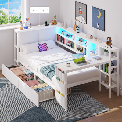 Single Bed with Storage, 2 Drawers and Charging Station, Reversible Single Bed Frame with LED Lights and Upholstered Headboard, 2 AC Sockets 2 USB Ports, Modern Corner Bed Frame