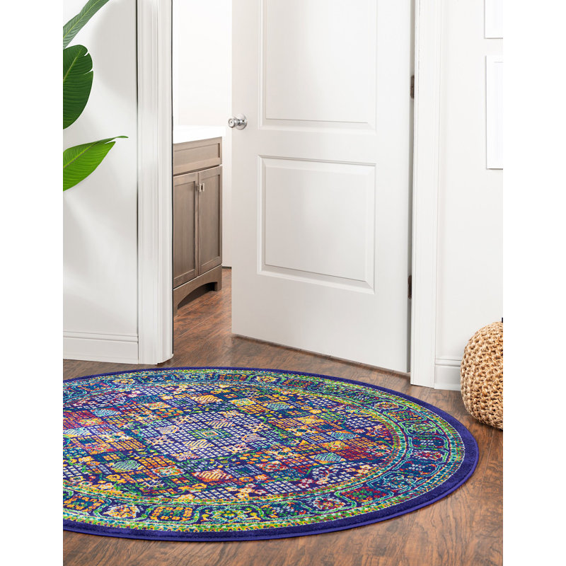 Tapis ovale oriental bleu marine / bleu / jaune, Rond 7 pi 10 po