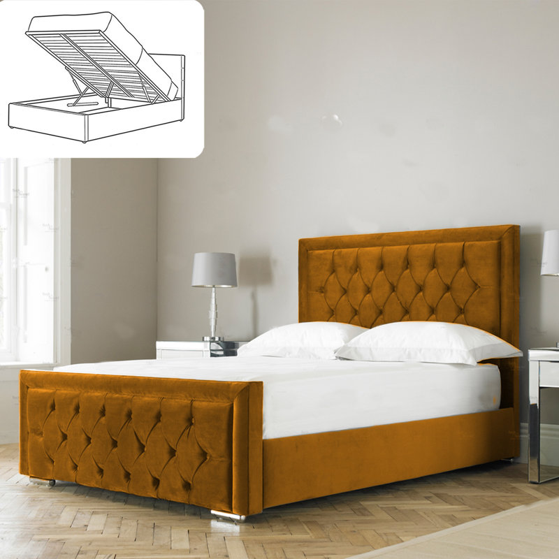 Aura Averian Upholstered Ottoman Storage Bed - Plush Velvet Gas Lift Bed Frame with Headboard, Double (4'6), Mustard