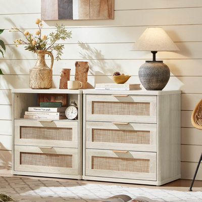 Rattan Nightstand Set of 2, Boho Wood Bedside Tables, 2-Drawer Nightstand with Charging Station and 3-Drawer Nightstand