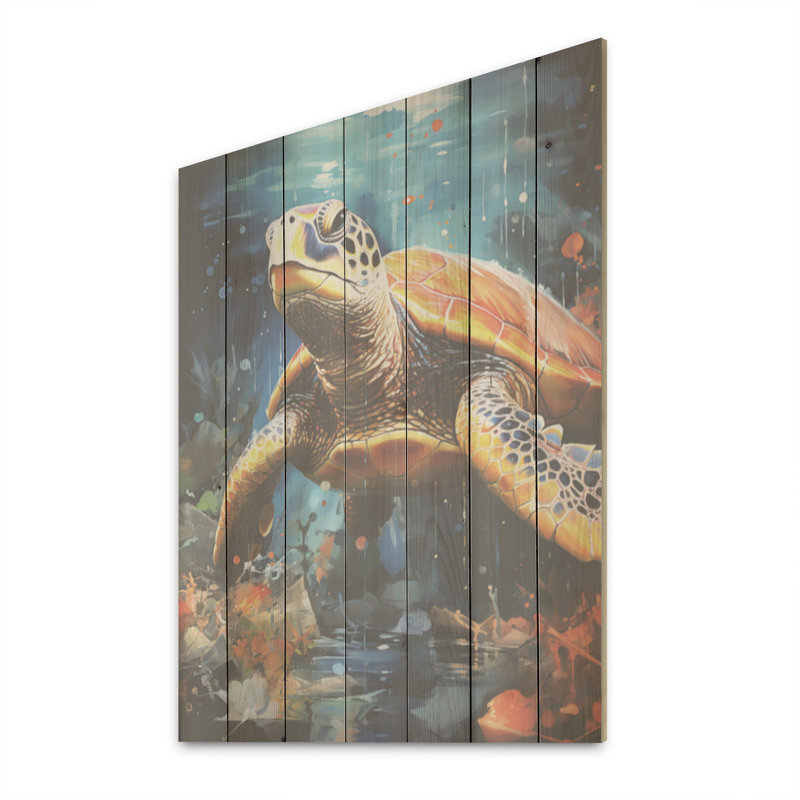 Représentation abstraite d'une harmonie de tortues Usin - Tortue, art mural sur bois de pin naturel, H 40 po x l 30 po
