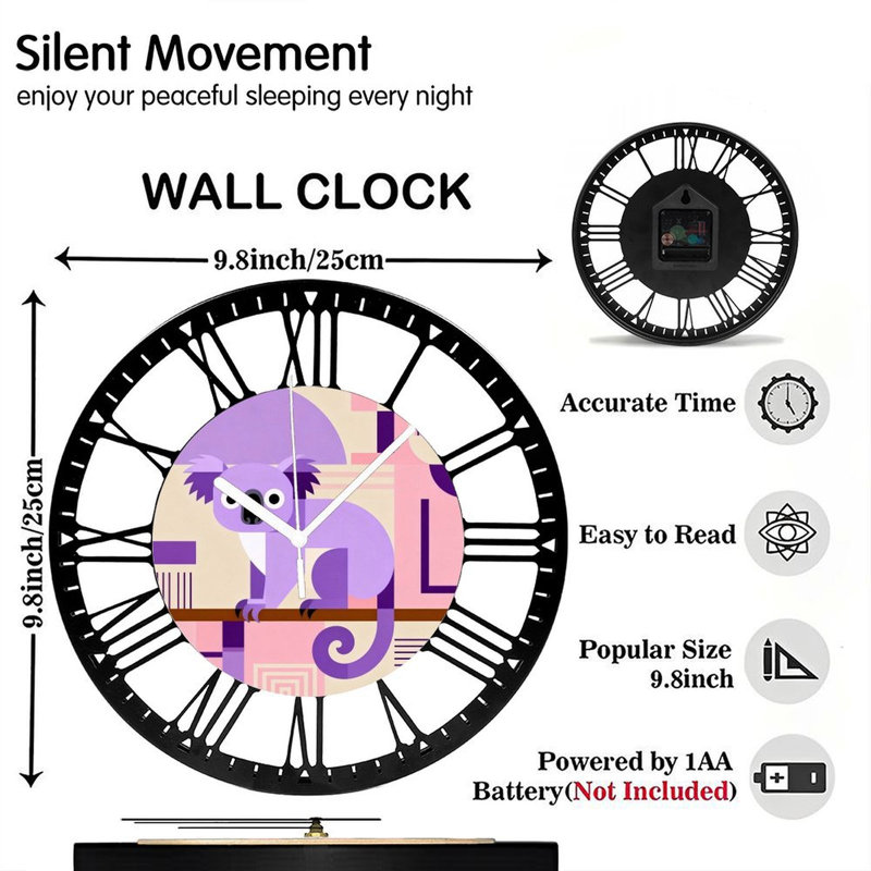 Horloge murale ronde en fer 10 po avec mouvement à quartz silencieux, chiffres romains, impression UV, Lavender Purple