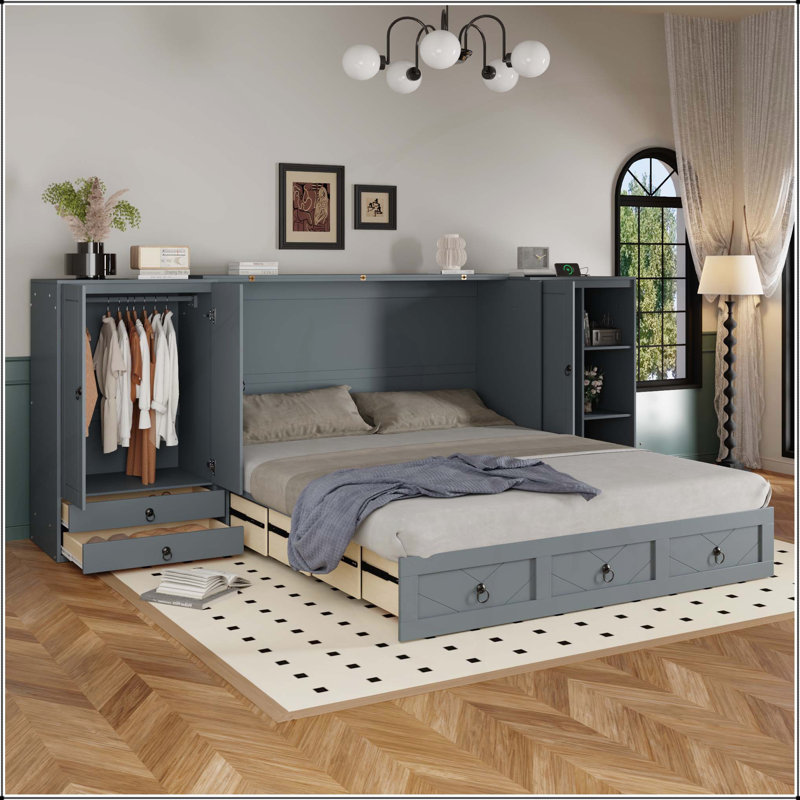 Grand lit escamotable avec port USB, gris