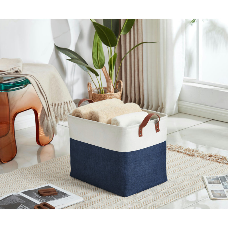 Foldable Storage Bin | Collapsible Sturdy Fabric Storage Basket Container W/Handles, Navy Blue and White