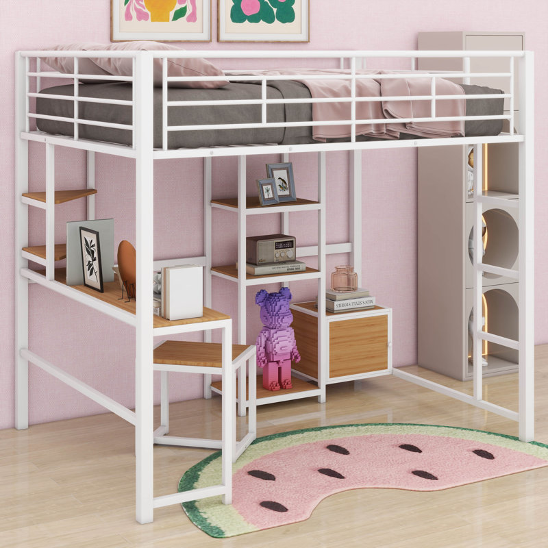 Lit mezzanine double avec bureau et tabouret, garde-robe de style ouvert, tablettes et armoire, Blanc
