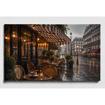 Grande art mural de Paris Street Cafe Rain pour la cuisine de la salle à manger, bistro français, élégante œuvre d'art de paysage urbain européen 24 x 36 pouces - prête à être accrochée
