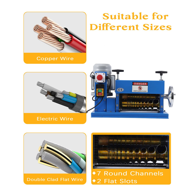 Heavy Duty Automatic Wire Stripping Machine With 7 Round Channels & 2 Flat Slots For 0.06"-1.5" Scrap Cable Copper Recycling