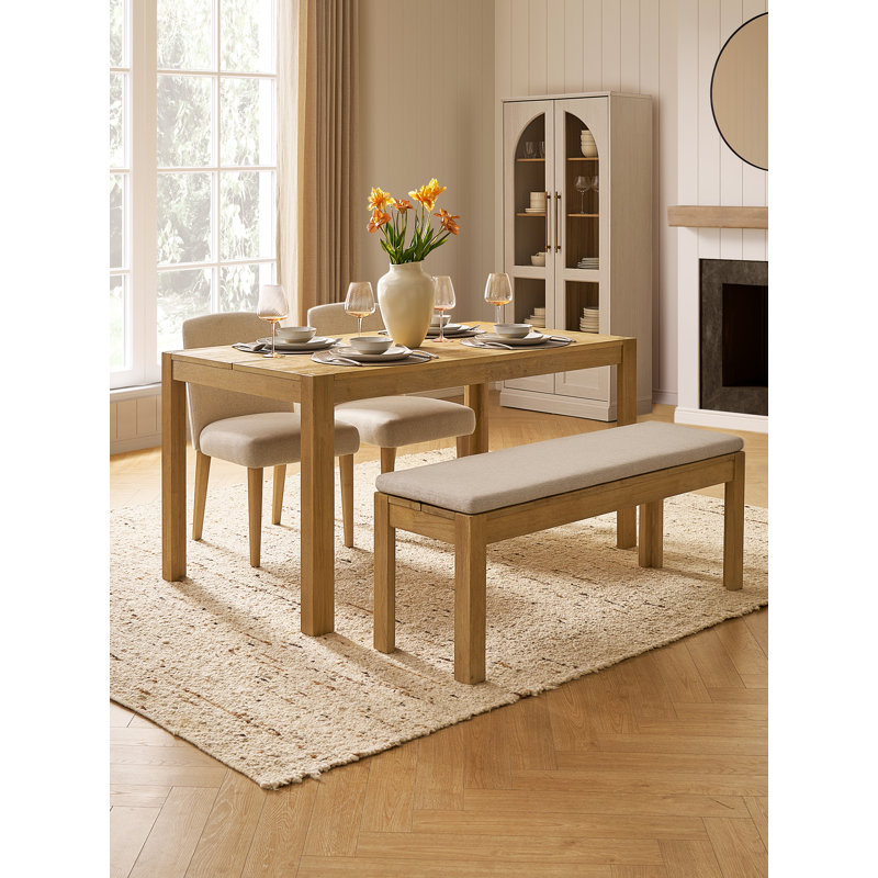 Logan Upholstered Beige Dining Chair Set Of 2 And Bench, Modern Farmhouse Solid Wood 4 Piece 59" Dining Table Set For Dining Room Kitchen