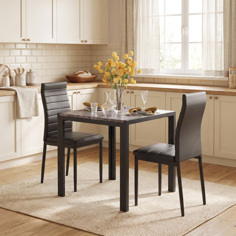 Ensemble de table de salle à manger en faux marbre 3 pièces, petite table de cuisine moderne avec 2 chaises rembourrées en polyuréthane, ensemble carré compact pour appartement