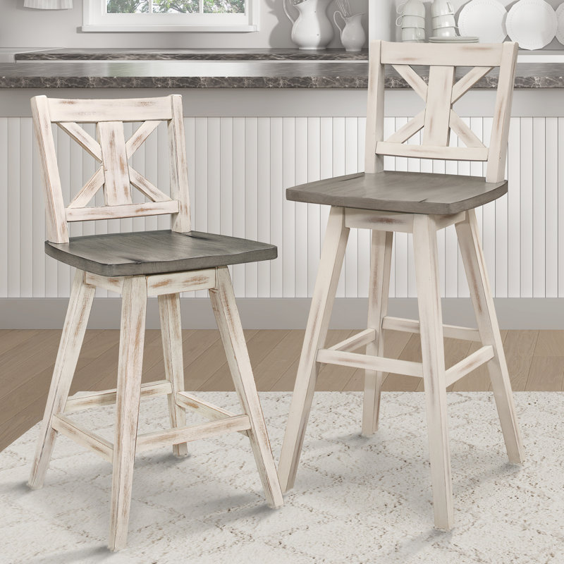 Chaises de comptoir blanches et grises 2, bois d'hévéa massif, pivotant à 360 °, chaises de salle à manger rustiques 2, gris, pivotant à degrés