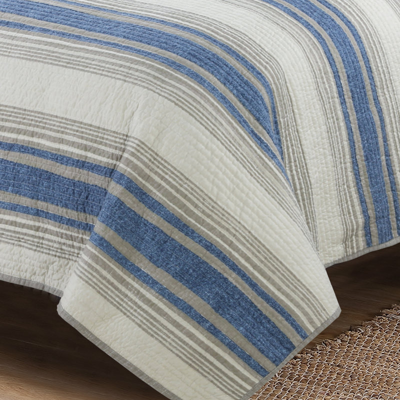 Blue and Taupe Striped Microfiber Full Quilt Set