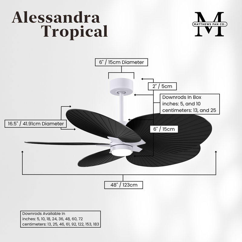 Alessandra Tropical - Five Blade Ceiling Fan - Integrated LED -Matte Black Finish -Light Blue Blades, Matte Black