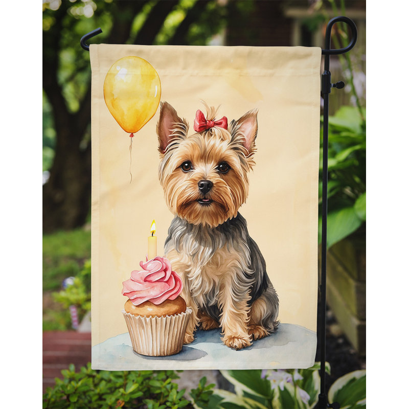 Drapeau de jardin «Happy Birthday», Yorkshire Terrier brun