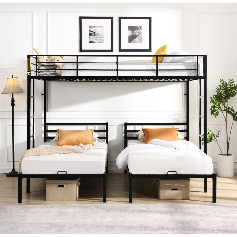 Lit superposé triple en métal noir avec conception double au-dessus de simple, vertical, rail et rangement pour les soirées pyjamas de printemps