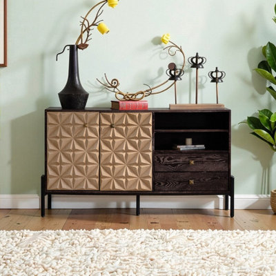 Mid Century Modern Solid Wood Buffet Cabinet with Geometric Doors 2 Drawers and Open Shelves - 58 L x 16 D x 31 H