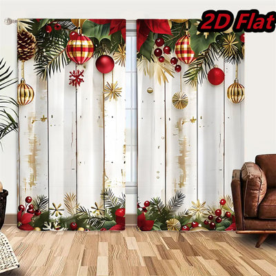 2Pcs Christmas Curtains Grey Plank Green Plant Tree Decorative Window Winter Holiday Themed Curtain Panels for Living Room Bedroom Kitchen Home Decor Rod Pocket Light Filtering Drapes