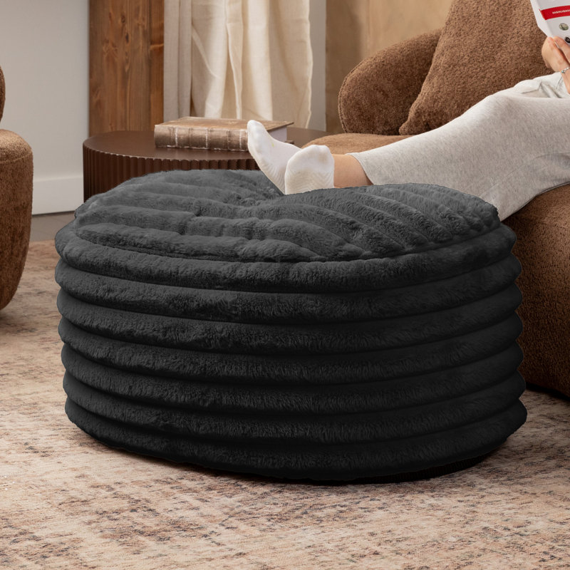 Mercer41 Paran Accent Pouf - Fluffy Faux Fur Ottoman For Modern Interior Design, 16" H x 26" W x 35" L, Black