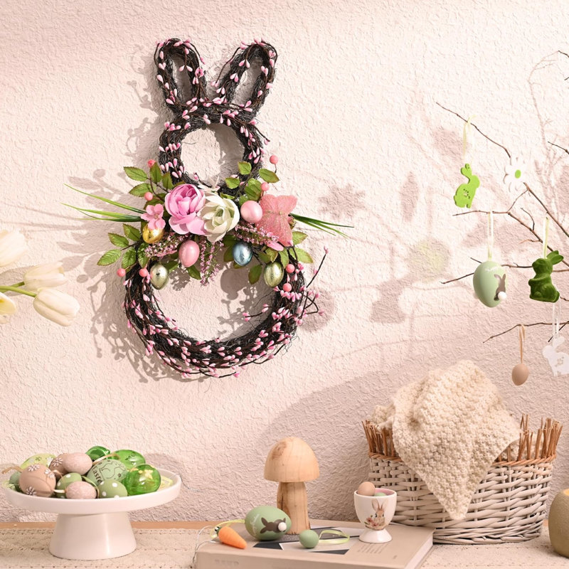 Couronnes de lapin de Pâques pour la porte d'entrée, couronne de Pâques avec décorations d'œufs pastel pour la maison, couronne de porte de printemps avec fleurs de pivoines sur des brindilles mixtes pour fenêtre murale (18 pouces)