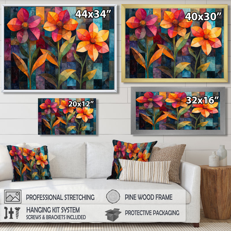 Géométrie fleur de pétunias dans des tons vibrants II - art mural pétunias, H 34 po x l 44 po, Toile tendue sur cadre