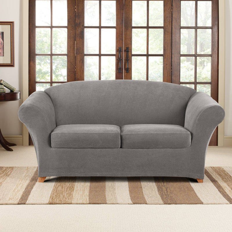 Flannel Gray Stretch Pique Loveseat Slipcover Set