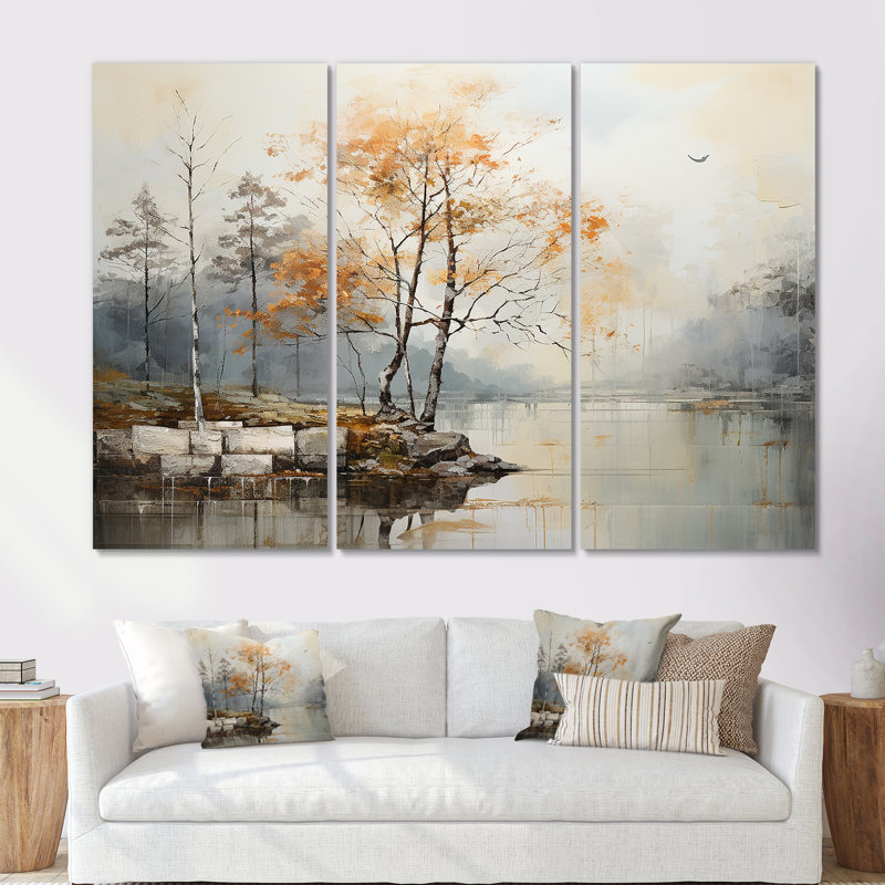 Ensemble de salon mural gris avec décorations fluviales «Forest River I», H 28 po x l 36 po x P 1 po, Toile tendue