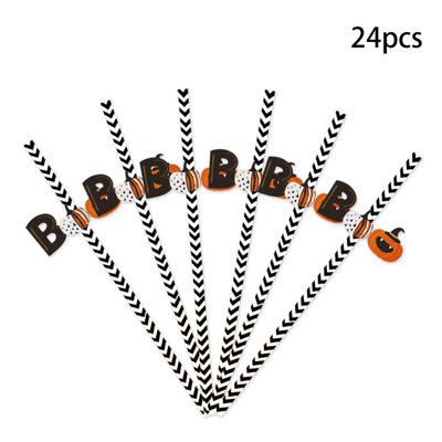  24 Pack Halloween Paper Straws, Disposable Drinking Straws with Halloween Stickers, Pumpkin Skull Spider Eyeball Ornament Straw Decor for Halloween Party Cocktail Juice Table Decorations