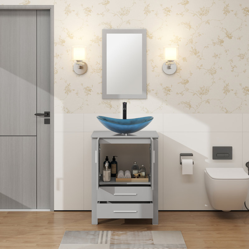 Ensemble de meuble-lavabo simple 24 po Allexus, Noir, Gris, Bleu / Noir