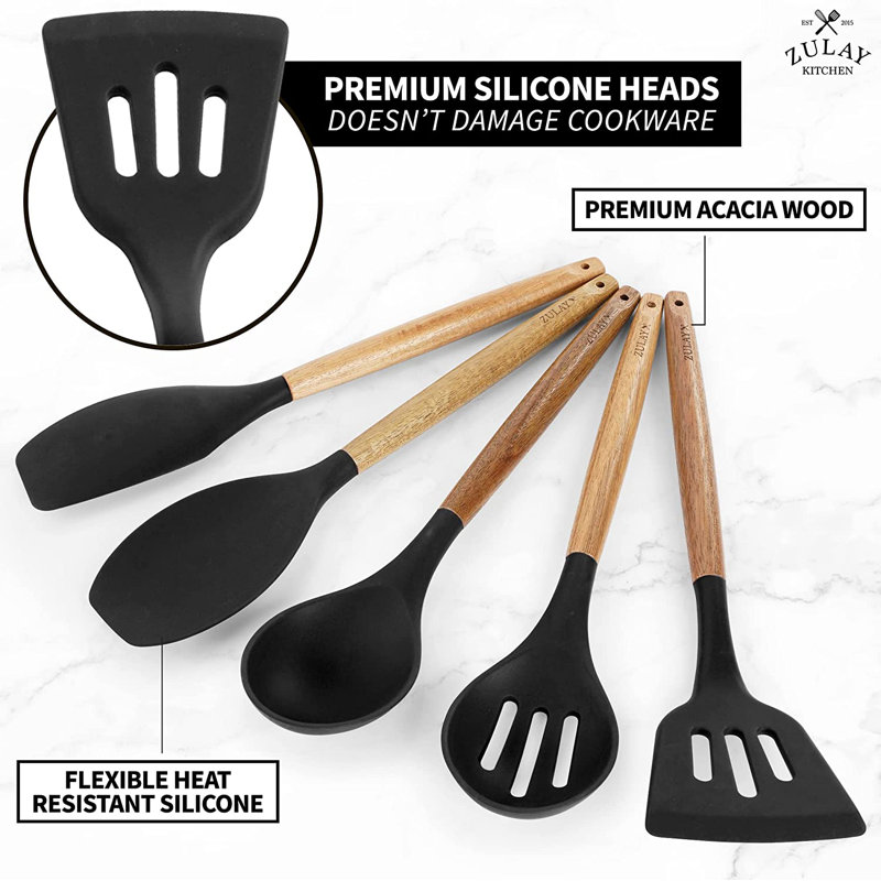 Black Silicone Cooking Utensils Set with Acacia Wood Handles, 5 Piece