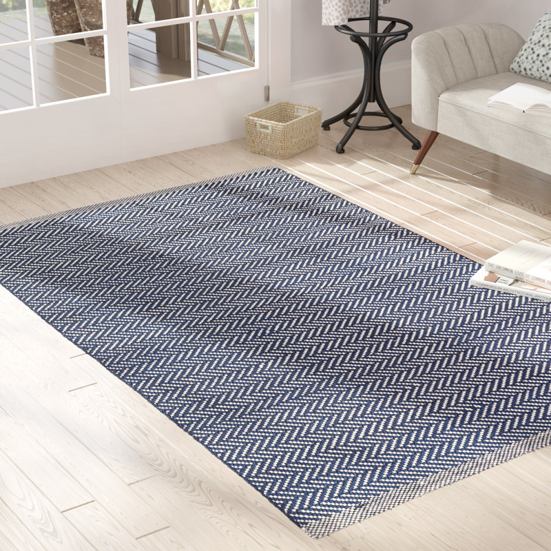 Herringbone Navy/Ivory Handwoven Indoor/Outdoor Rug, Rectangle 7'6" x 9'6"