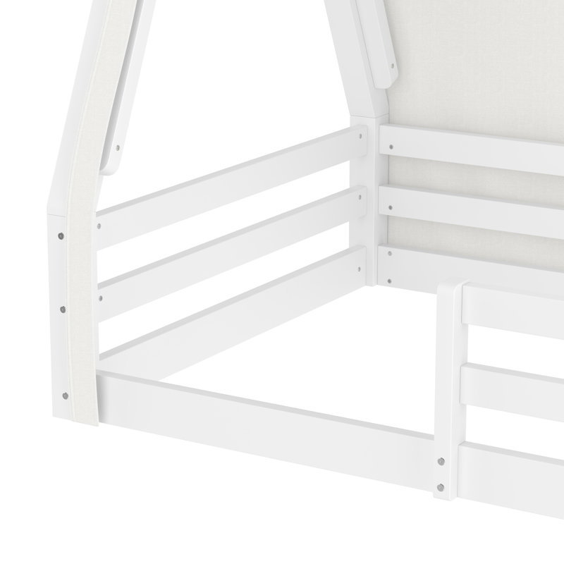 Lit simple au sol avec tente et lit léger, lit en bois massif avec garde-corps pleine longueur, design Montessori et enfantin, blanc et rose