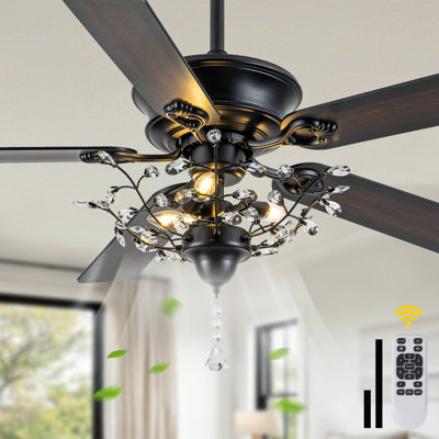 Ventilateur de plafond moderne de 132 cm (52 ​​po) en chrome et cristal avec lumière et télécommande, style ferme, 6 vitesses, idéal pour le salon ou la chambre.