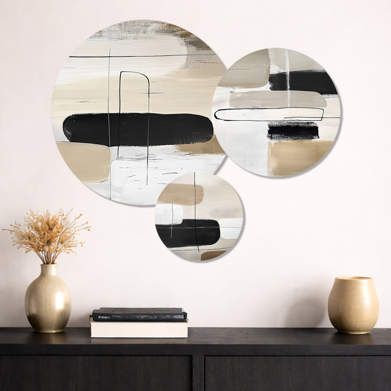 Minimal et géométrique Compositions dans des tons naturels - abstrait Mid-Century, ensemble de 3 reproductions d'art mural en métal