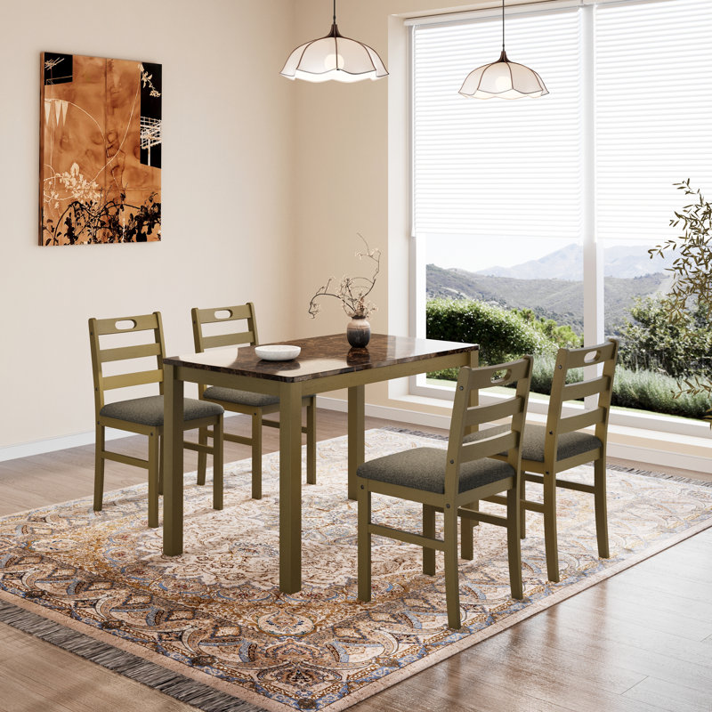 5-Piece Counter Height Dining Table Sets, Space-Saving Solid Wood Kitchen Dining Sets With Faux Marble Table & 4 Slat Back Linen  Upholstered Chairs