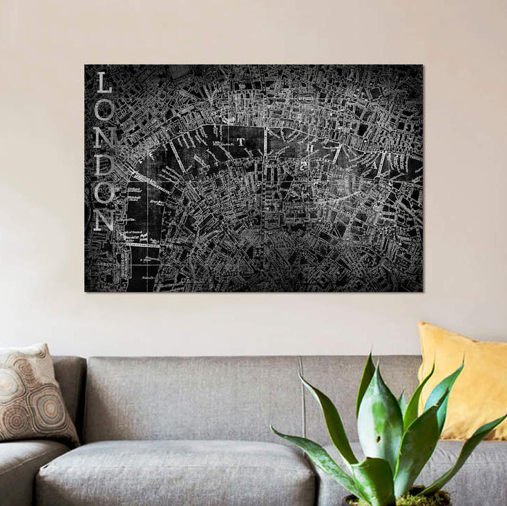 «Map London, Vintage in Black» par Pl Studio - impression sur toile, H 12 po x l 18 po x P 1,5 po, Papier d'art encadré noir
